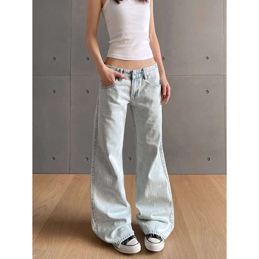 y2k Vintage Women Low Waist Zipper Button Solid Trousers with Pockets Aesthetic Streetwear Washed Jeans