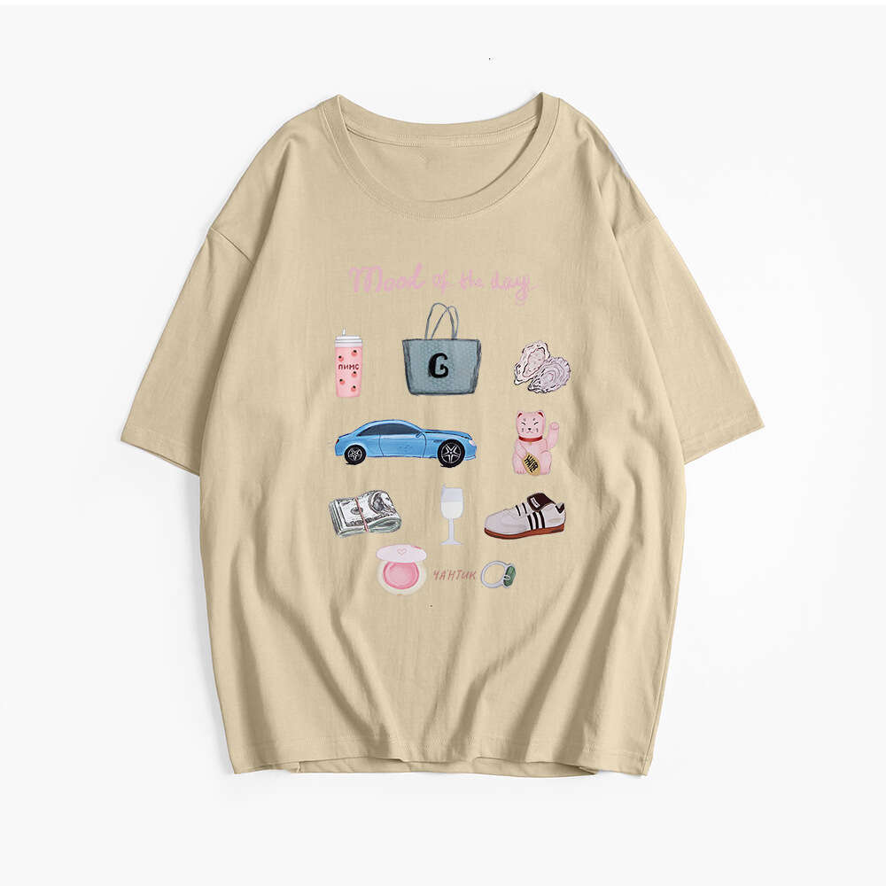 Hand-Painted Print T-Shirt For Women, Summer New Versatile Loose Round Neck Pure Cotton Short Sleeve Top Ins B5