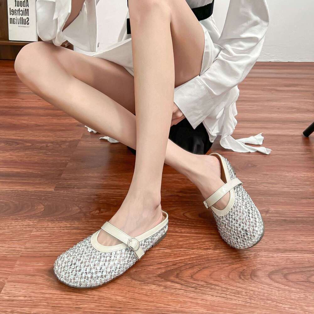Su Yinyin Fairy Style Flowing Light Mesh Rhinestone Breathable Buckle Strap Closed-Toe Vacation for Women Half Slippers Summer Outdoor Wear