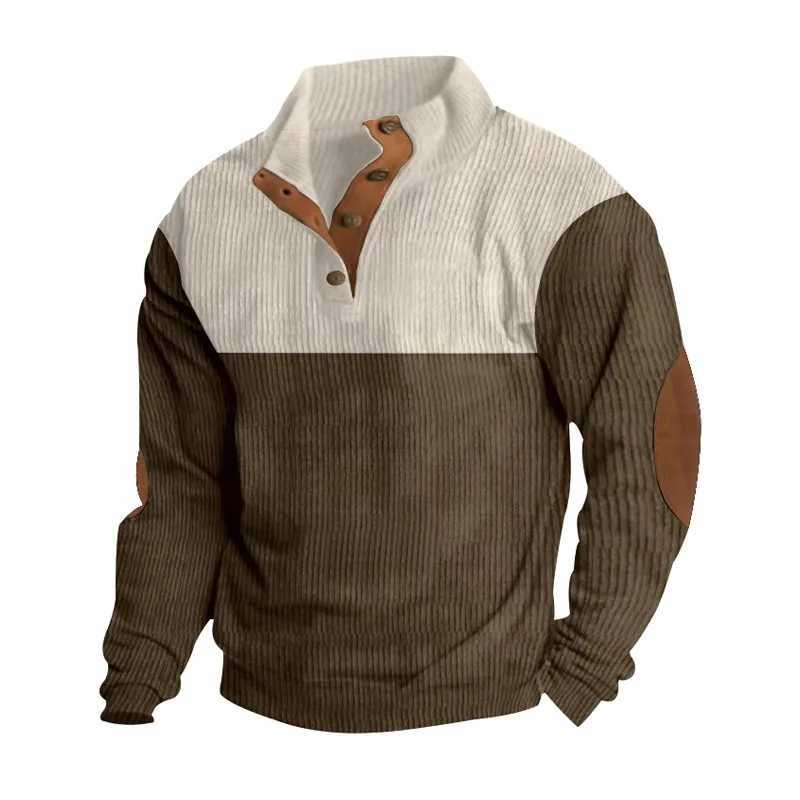 Spring and Autumn European Mens Outdoor Casual Button-up Stand-Up Collar Loose Corduroy Color-Blocked Sports SweatshirtXJ250714