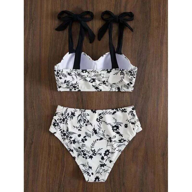 Sexy High-Waist Bikini Swimsuit Women's Small Chest Gathered Swimwear New Cross-Border Print Two-Piece Female Fashionable
