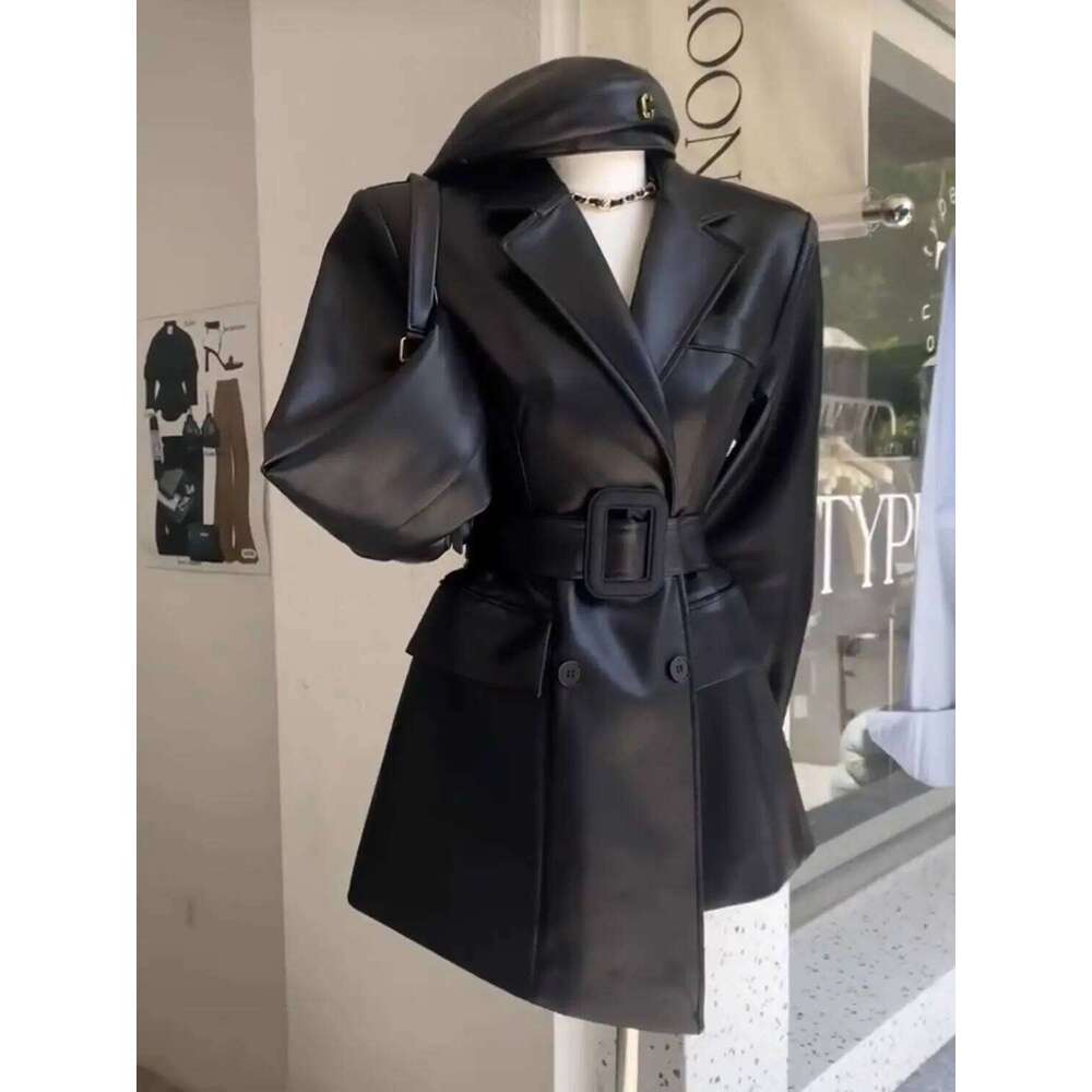 Coffee Color Retro Leather Jacket Clothing Autumn New High End Waist Cinched Slimmimg Mid Length Suit Coat For Women