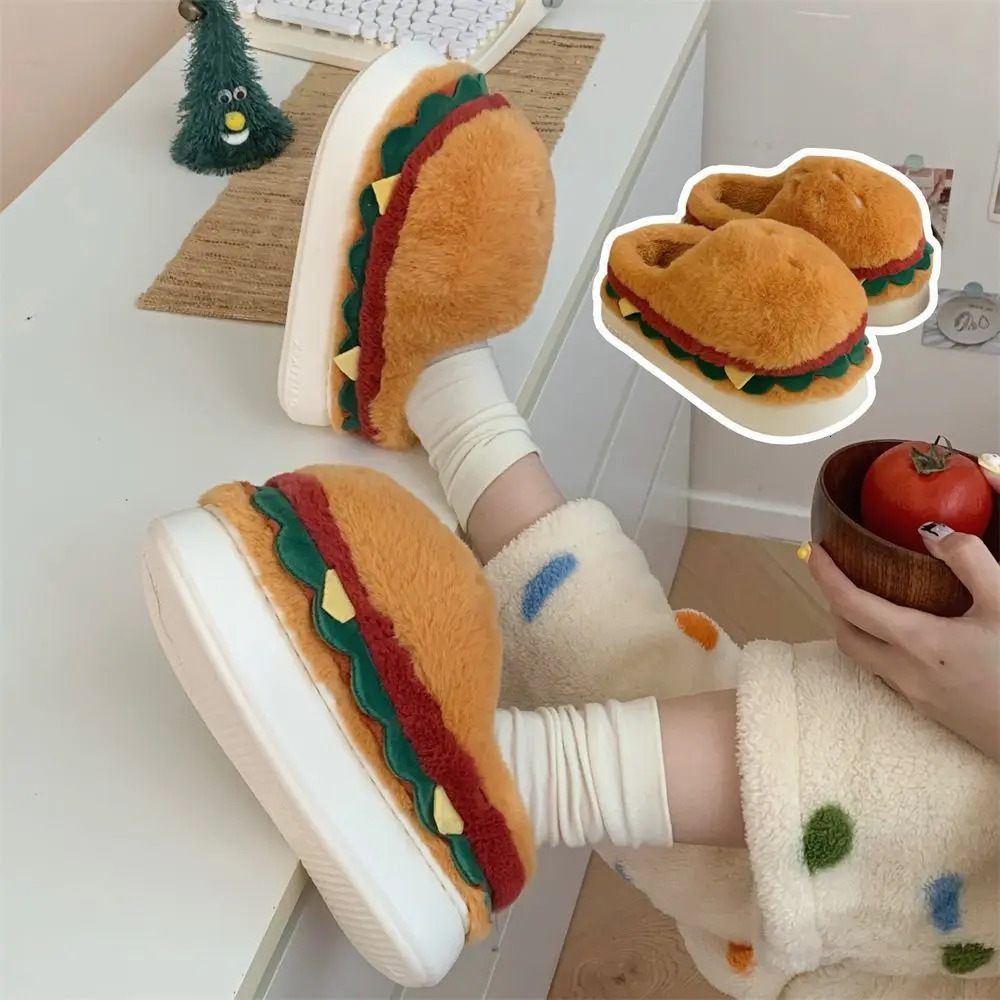 Fuzzy hamburger shoes men creative indoor slippers winter man half shoes mens chunky slippers unisex home thick warm plush shoes 250717