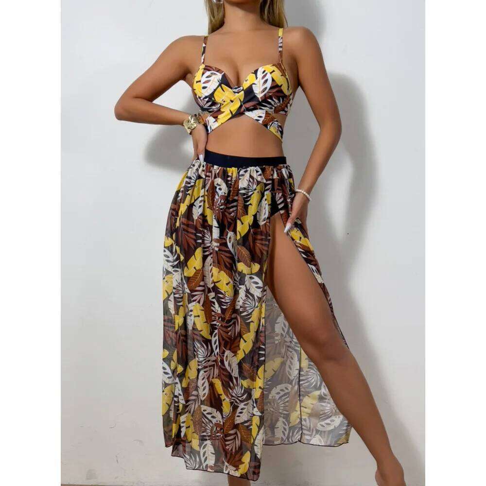 New Sexy Bikini Mesh Long Dress Three-piece Swimsuit Women