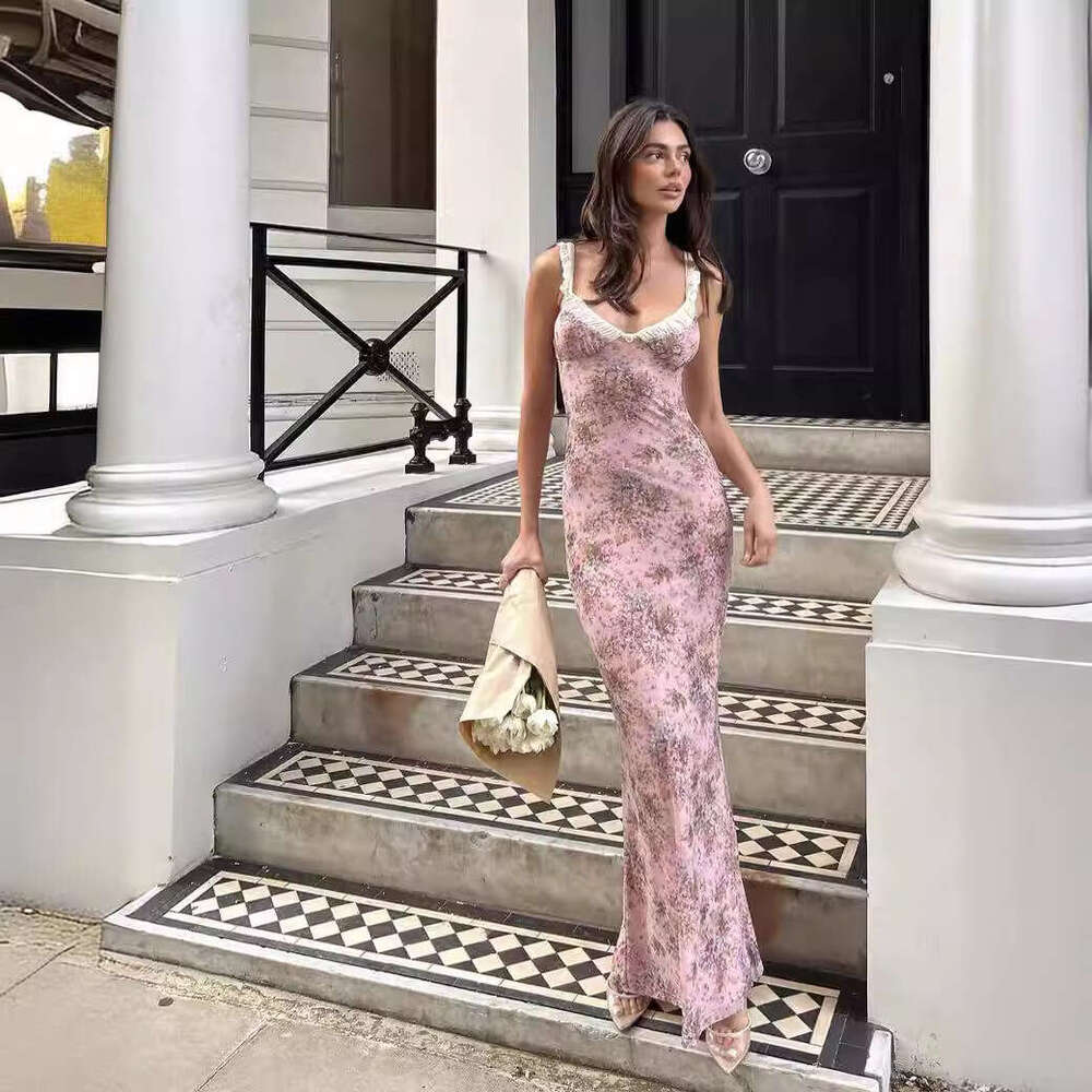 French Floral V-Neck Ruched Strap Slim Fit For Women Early Spring New Beach Vacation Long Dress B5