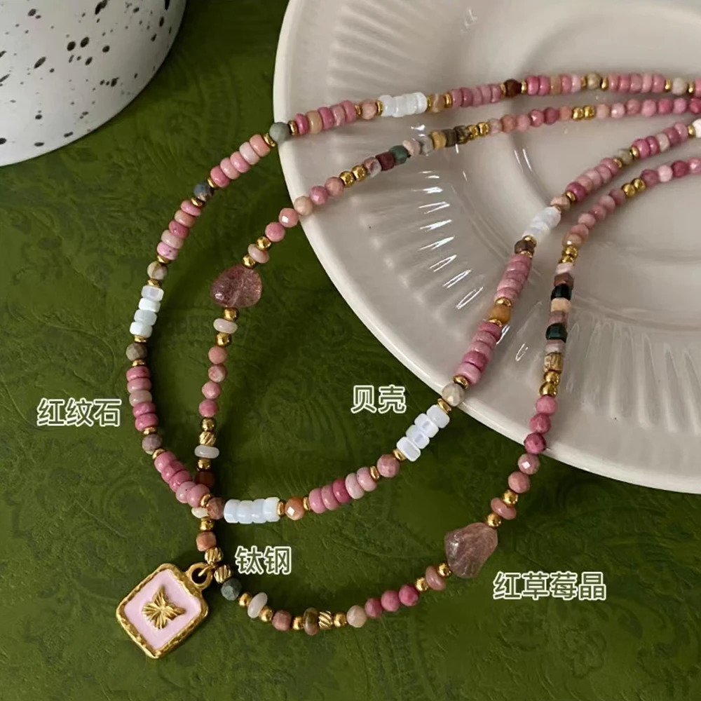 Good Quality Summer necklace natural stone steel accessory powder butterfly pendant for go to Beach 250712