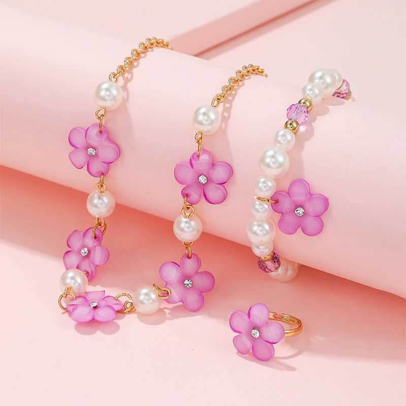 3Pcs/set Flower Charm Chain Necklace with Beads Bracelet Ring Jewelry Set for Girls Daughter Party Birthday Gift X2507181