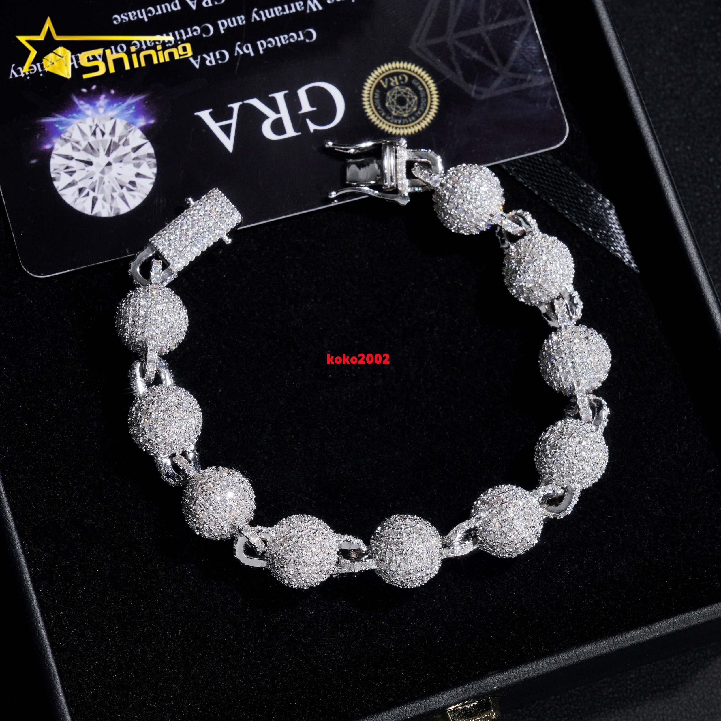 Hip Hop Jewelry 925 Silver Fashion 10MM Iced Out Diamond Moissanite Bead Ball Bracelet