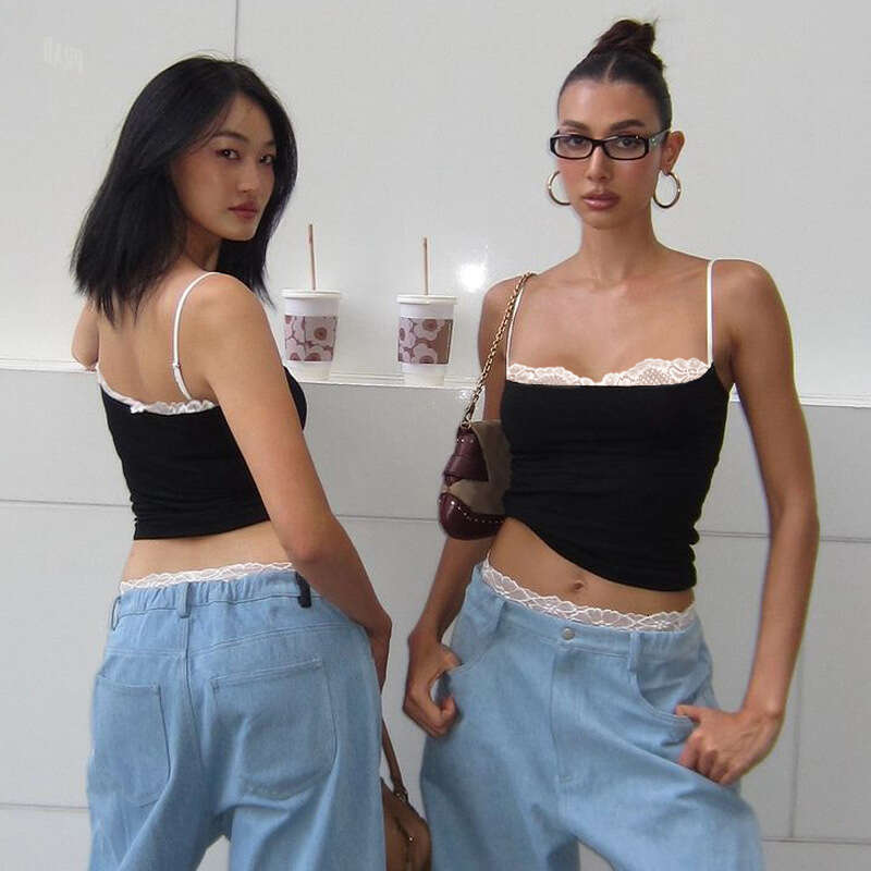 Spring New Arrival Spicy Girl Style Personality Patchwork Color Block Low-Cut Off-Shoulder Fake Two-Piece Camisole Tank Top B5