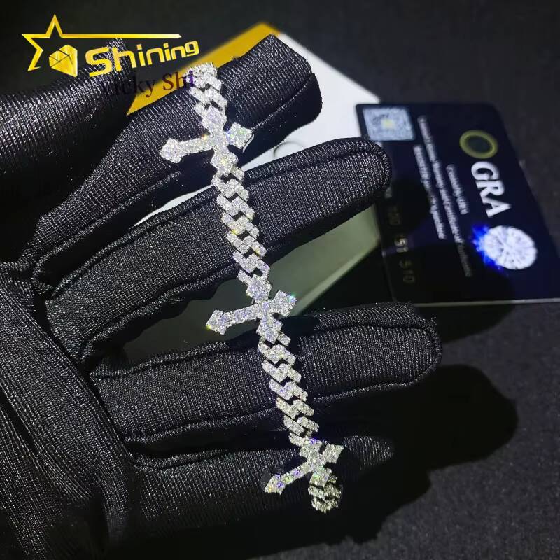 Fine Jewelry Iced Out Cross Design Moissanite Cuban Bracelet 925 Sterling Silver 6mm Hip Hop Cuban Link Bracelet
