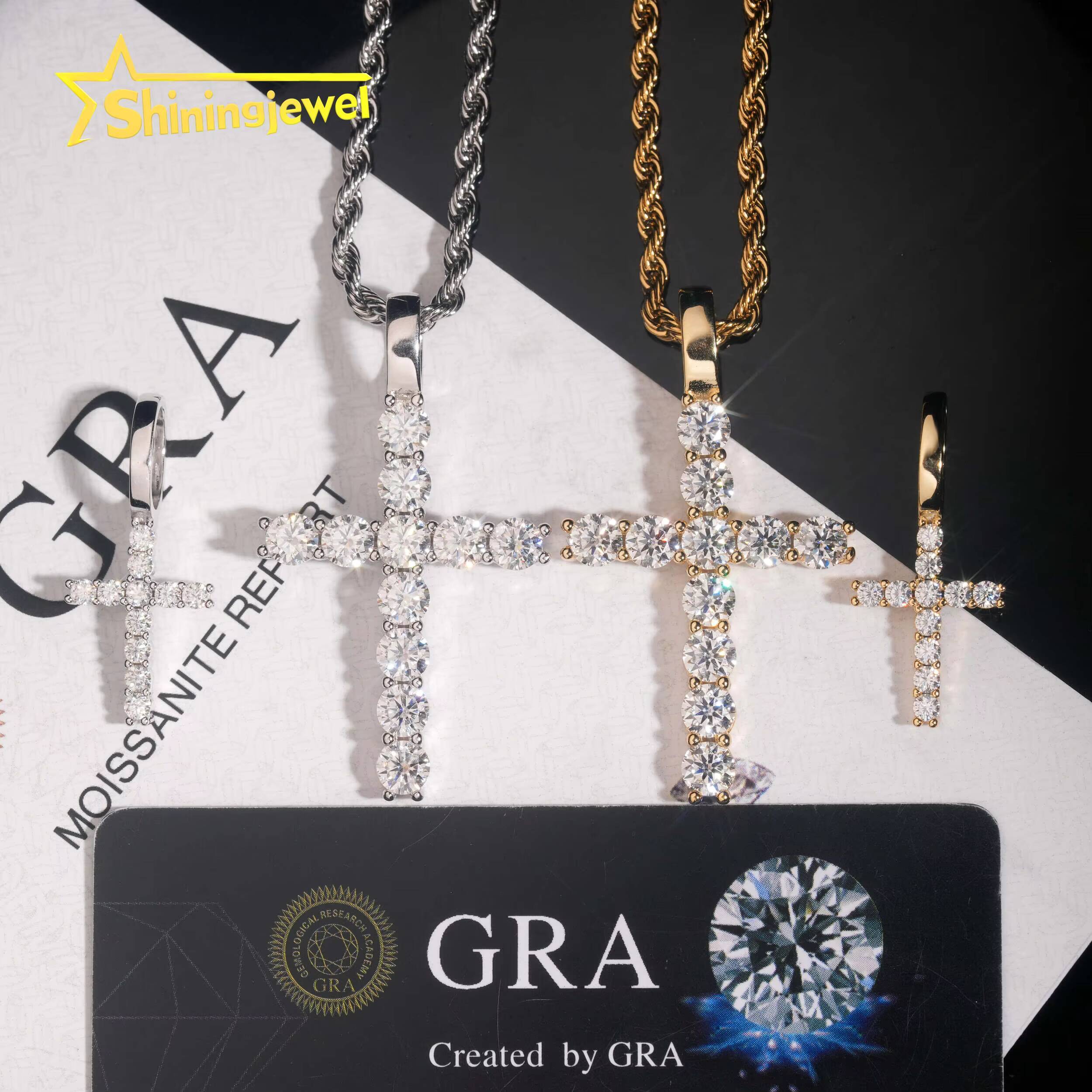 925 Sterling Silver Gold Plated Moissanite Cross Pendant Hip Hop Jewelry Custom Moissanite Pendant for Men Women