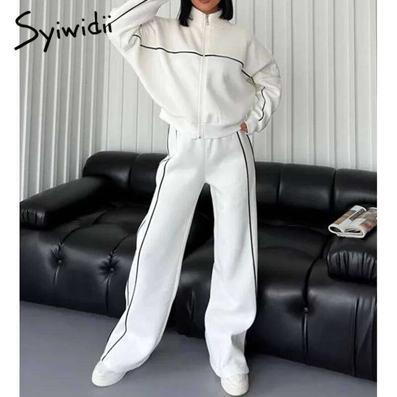 Syiwidii Women 2 Pieces Set Casual Sports Suits Long Sleeved Stand Collar Coat Drawstring Trousers 2025 New Elegant Lady Clothes MDNG