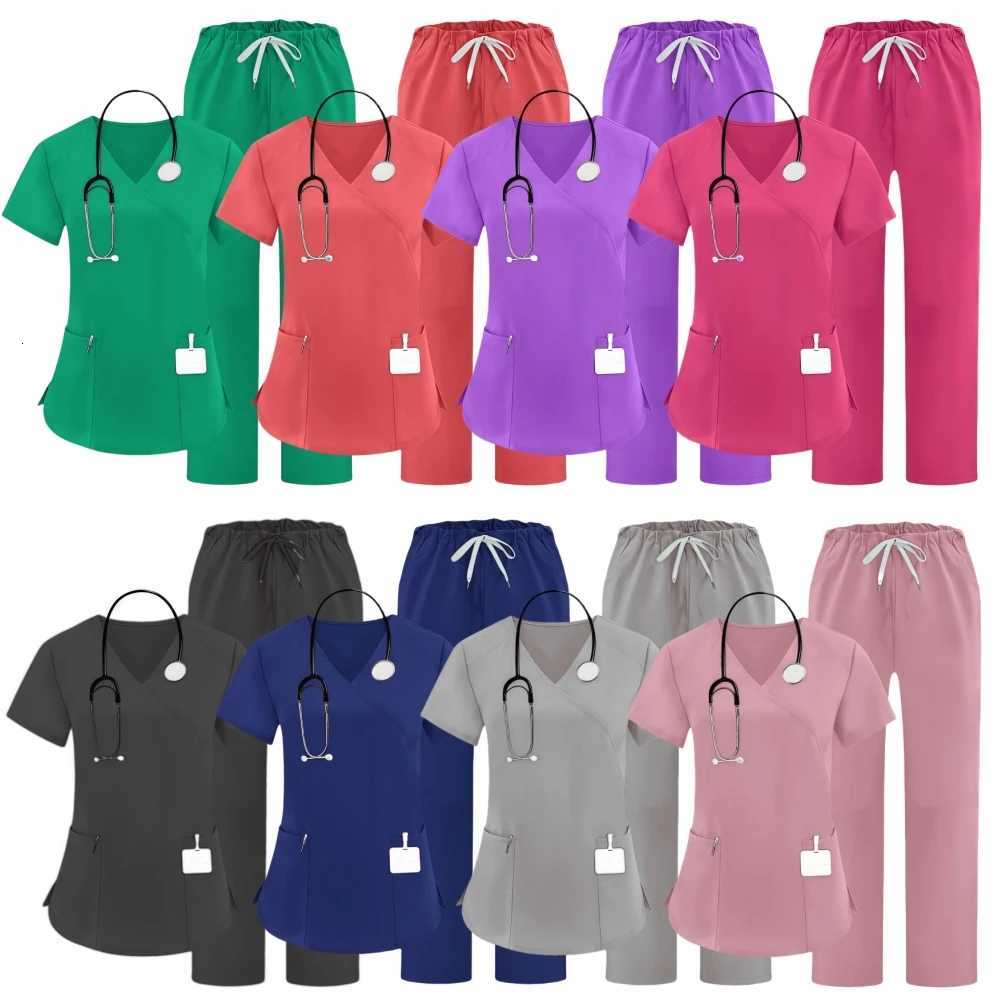 Wholesale Pet Grooming Working Clothes Work Suit Short Sleeved Scrub Costume Women Solid Color Pharmacy Nursing Uniform Summer Z250718