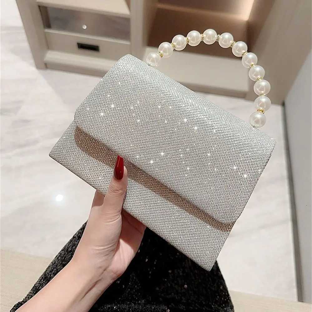 Pearl Chain Shoulder Bags Purse Gold Bright Silk Evening Bag Women Elegant Fashion Banquet Clutch Female Handbag Y250717