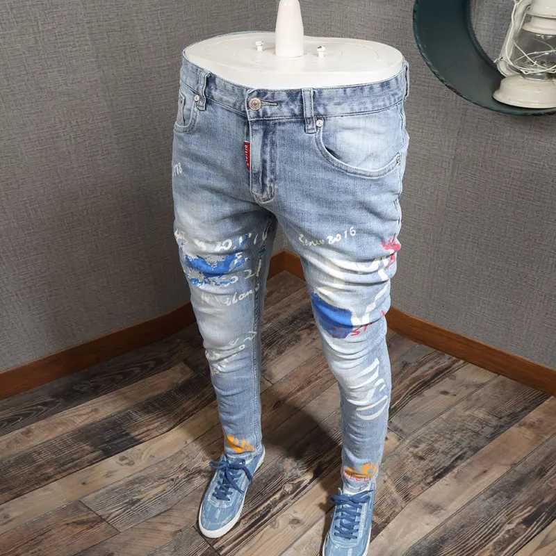 Designer Fashion New Mens Jeans Letter Printed Washed Nostalgic Stretch Slim Fit Retro Light Blue Jeans Hip Hop Brand High Quality X250718