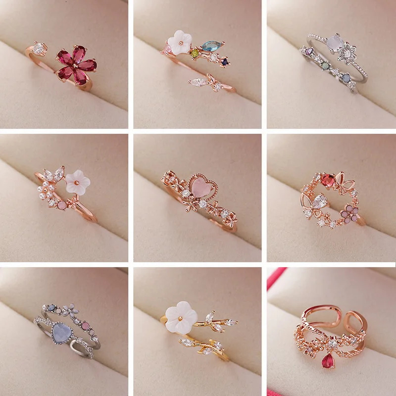 Fashion Crystal Zircon Rings Sweet Flower Leaf Butterfly Adjustable Open Female Wedding Engagement Jewelry Gift 250716