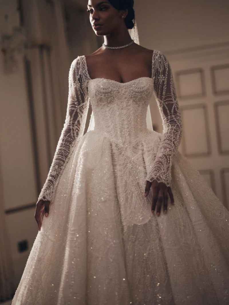 Luxury A Line Women Wedding Dress Sweetheart Neck Long Sleeves Bridal Gowns Sequins Lace Detachable Train Dress Custom Made vestidos de novia