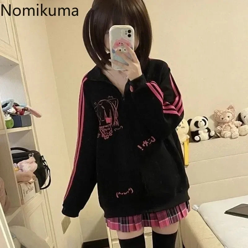 2025 Ropa Mujer Stand Neck Sweatshirts Women Clothing Long Sleeve Casual Anime Print Tops Fashion Japanese Oversized Y2k Hoodies 250717