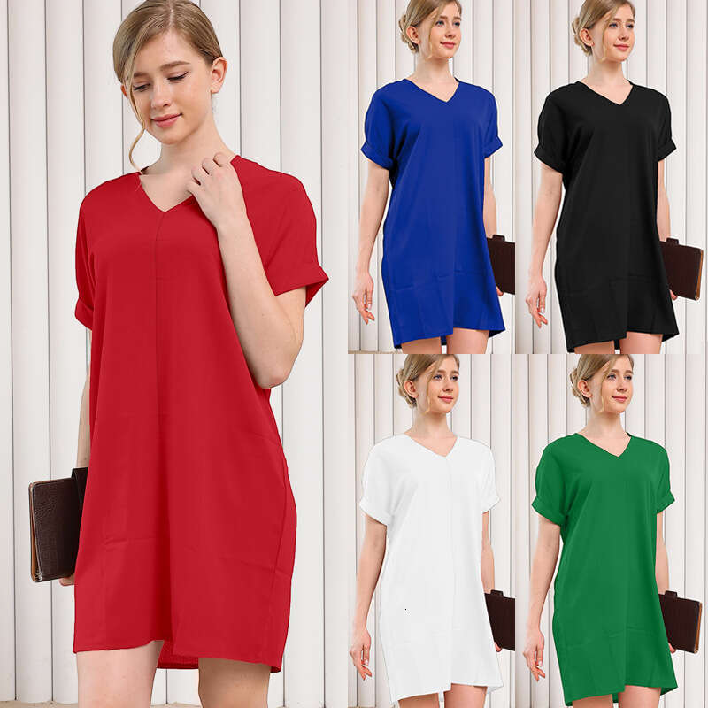 Summer Fashion Women's Solid Color H-Shaped Loose Casual V-Neck Short Sleeve Homewear Dress B5