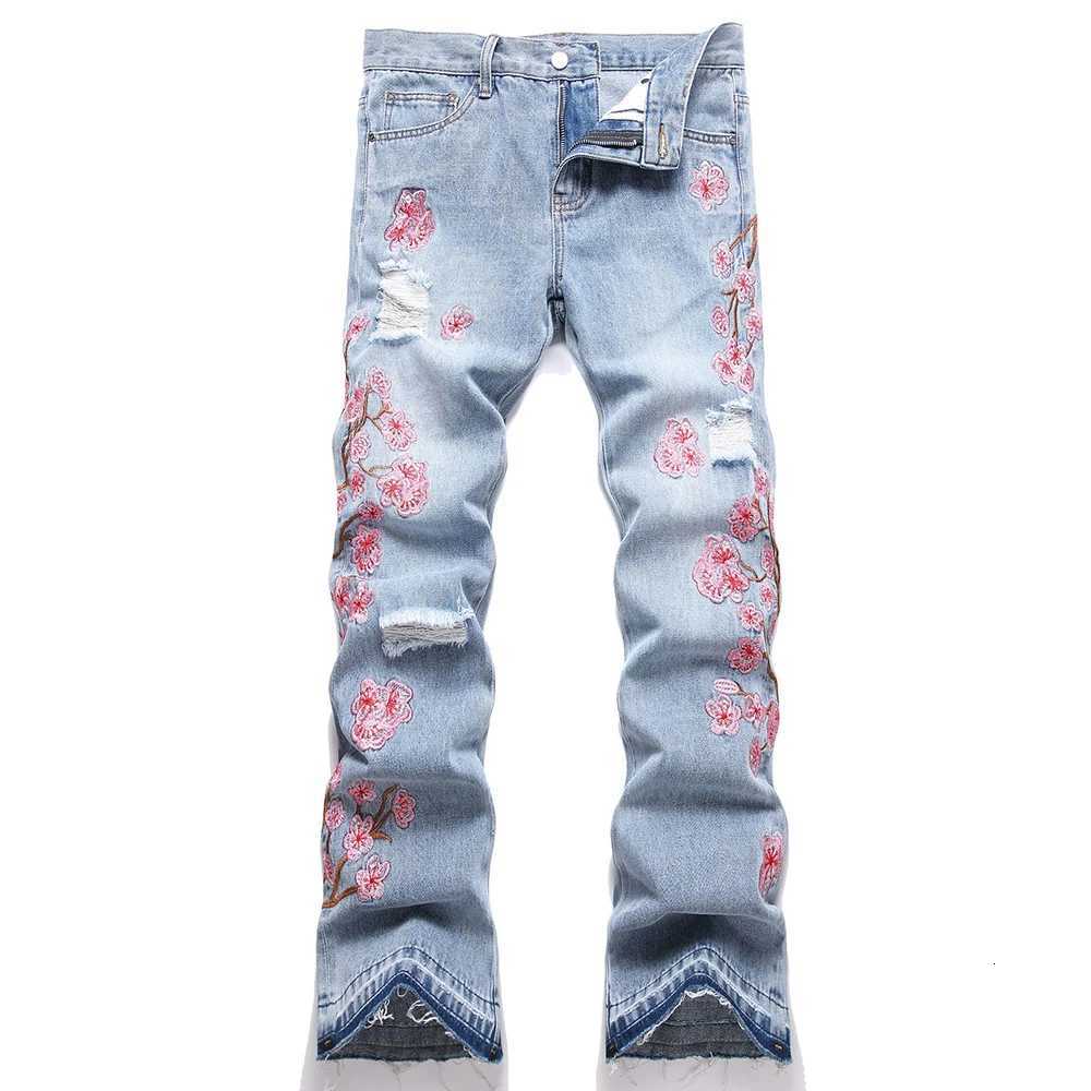 Men Flower Embroidery Denim Jeans Streetwear Light Blue Boot Cut Pants Sakura Design Released Hem Ripped Flared Trousers X250718