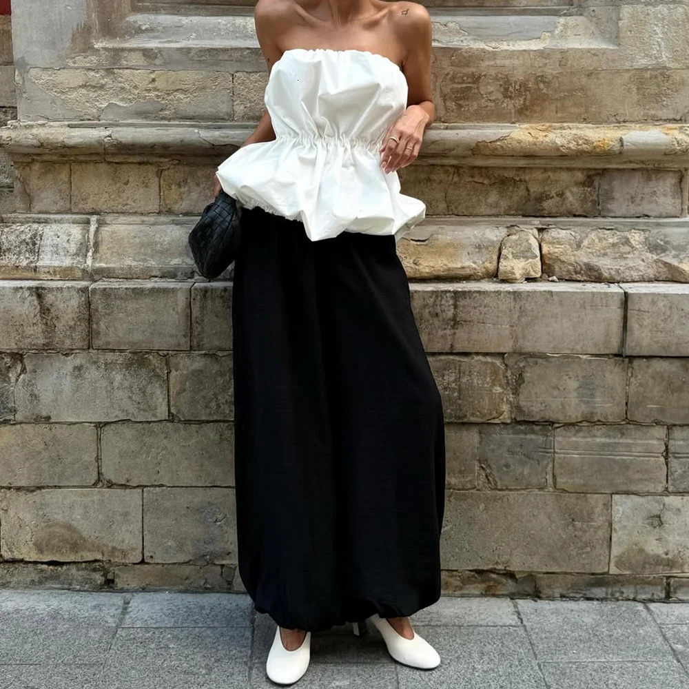 Talenza Female Fashion Trousers Summer Loose Pleated High Waist Solid Patchwork Casual Wide Leg Pants 2025 Women 250714