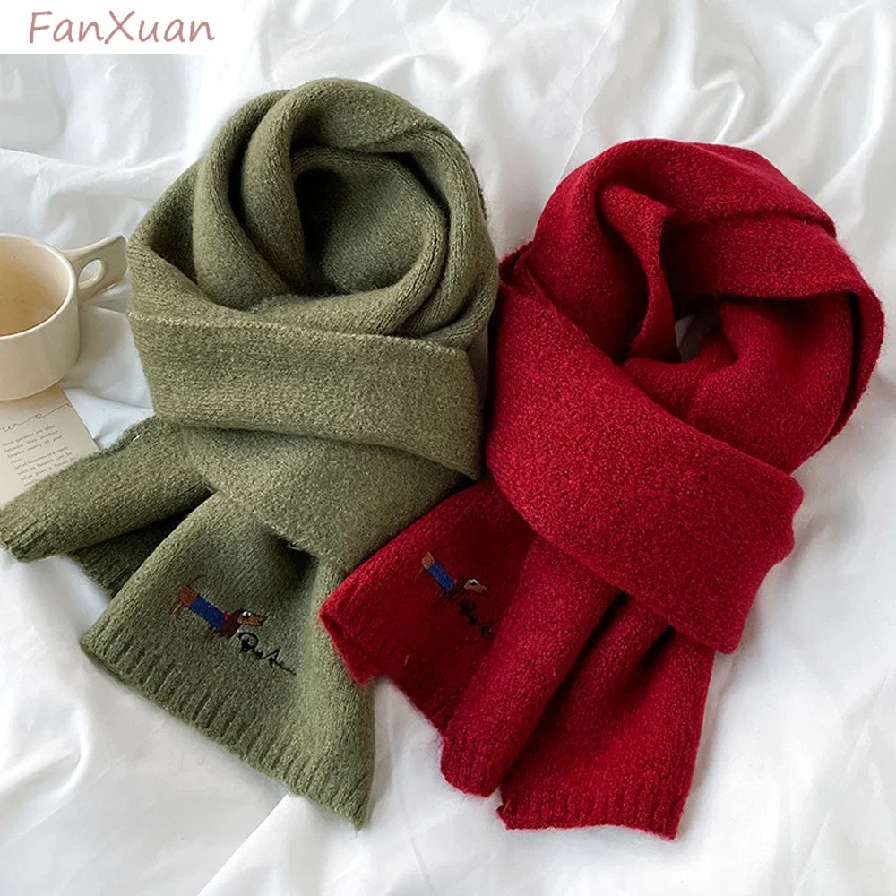 Korean Style Wool Knit Scarf for Women Winter Autumn Long Scarves Cute Dog Embroidery Shawl Wrap 250717