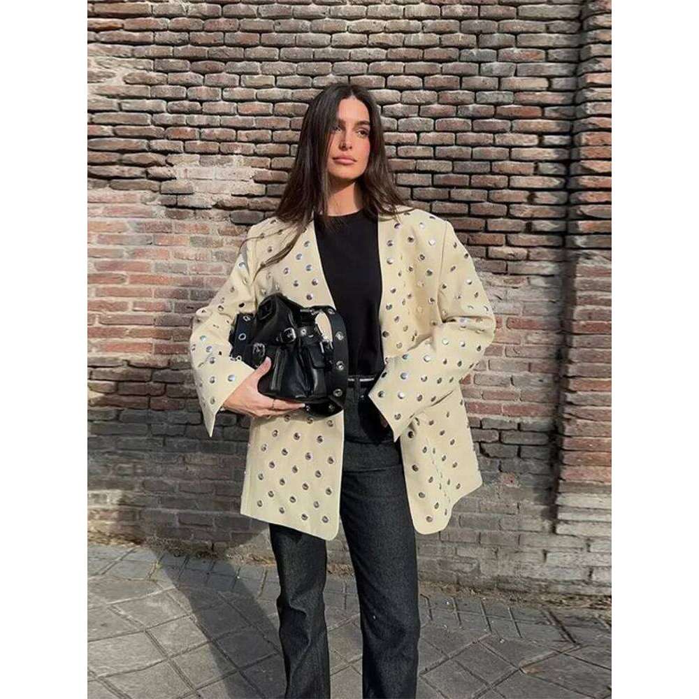 Retro Deep V-neck Studded Suit Jacket Women Casual Loose Rivets Pockets Open Jackets Female Spring Chic Street Outwear