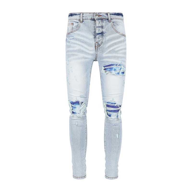 Fashionable with stretch slim fit perforated blue patch washed light blue jeans high street hip-hop brand designer X250718
