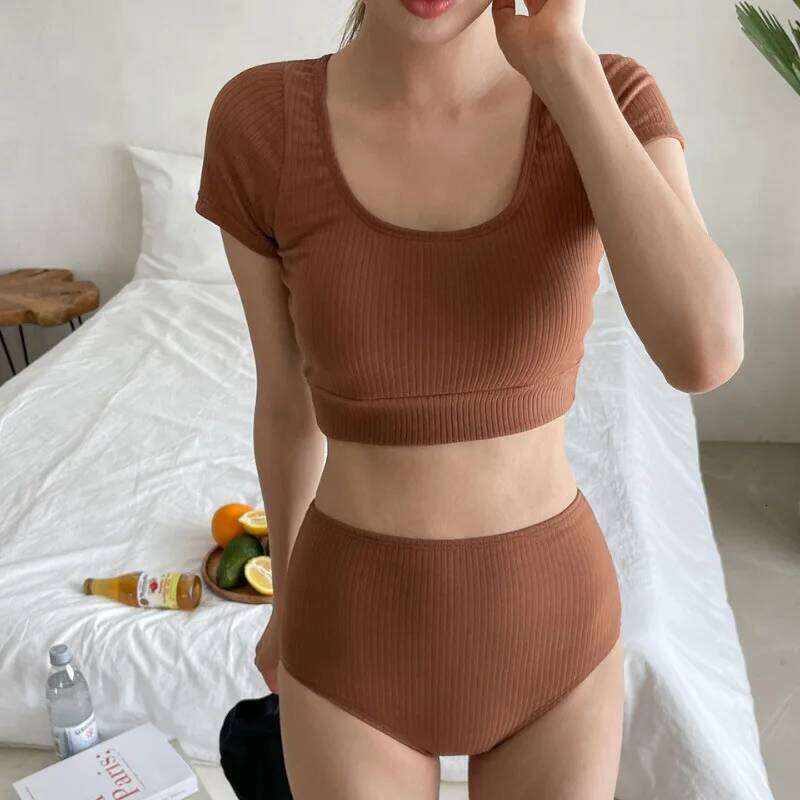 Sexy Short Sleeve High Waist Bikini Push Up Swimsuit Women Bathers Sports Black Swimwear Beach Wear 2025 Summer Bathing Suit