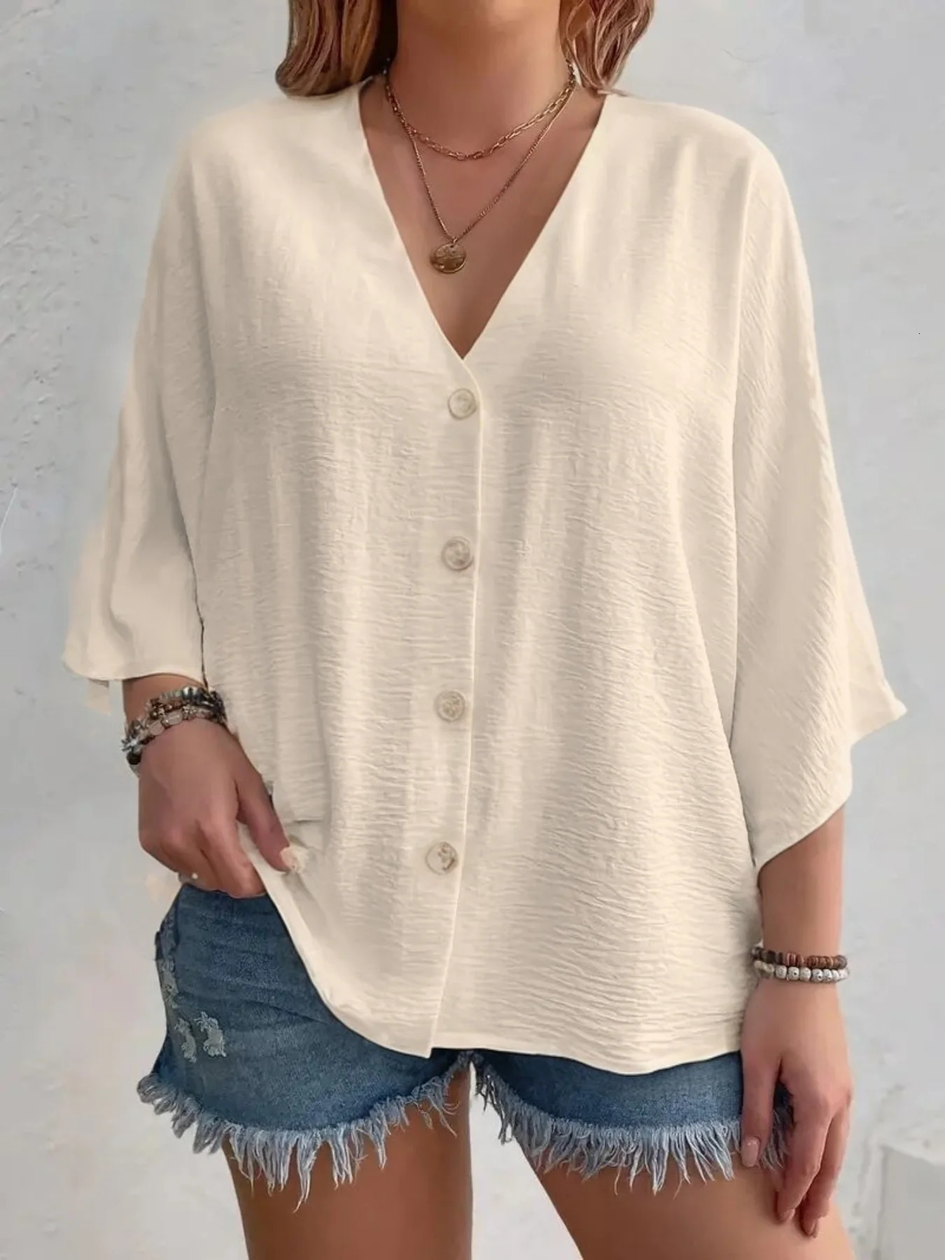 Plus Size 2025 Fashion Womens Tops Loose VNeck Long Sleeve TShirt Spring Summer Elegant Solid Color Casual Blouse 250707