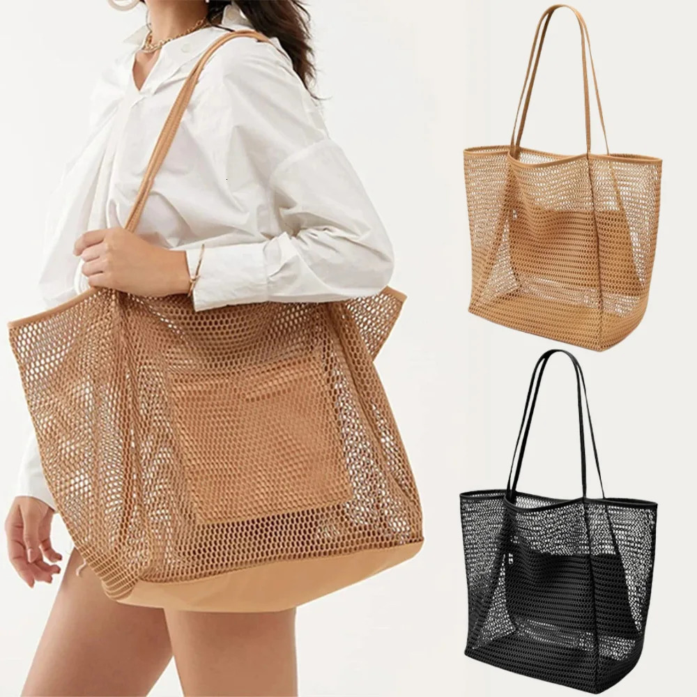 Beach Nylon Mesh Tote Bag Casual Tote Bag Women Foldable Shoulder Bag For Beach Picnic Vacation 250715