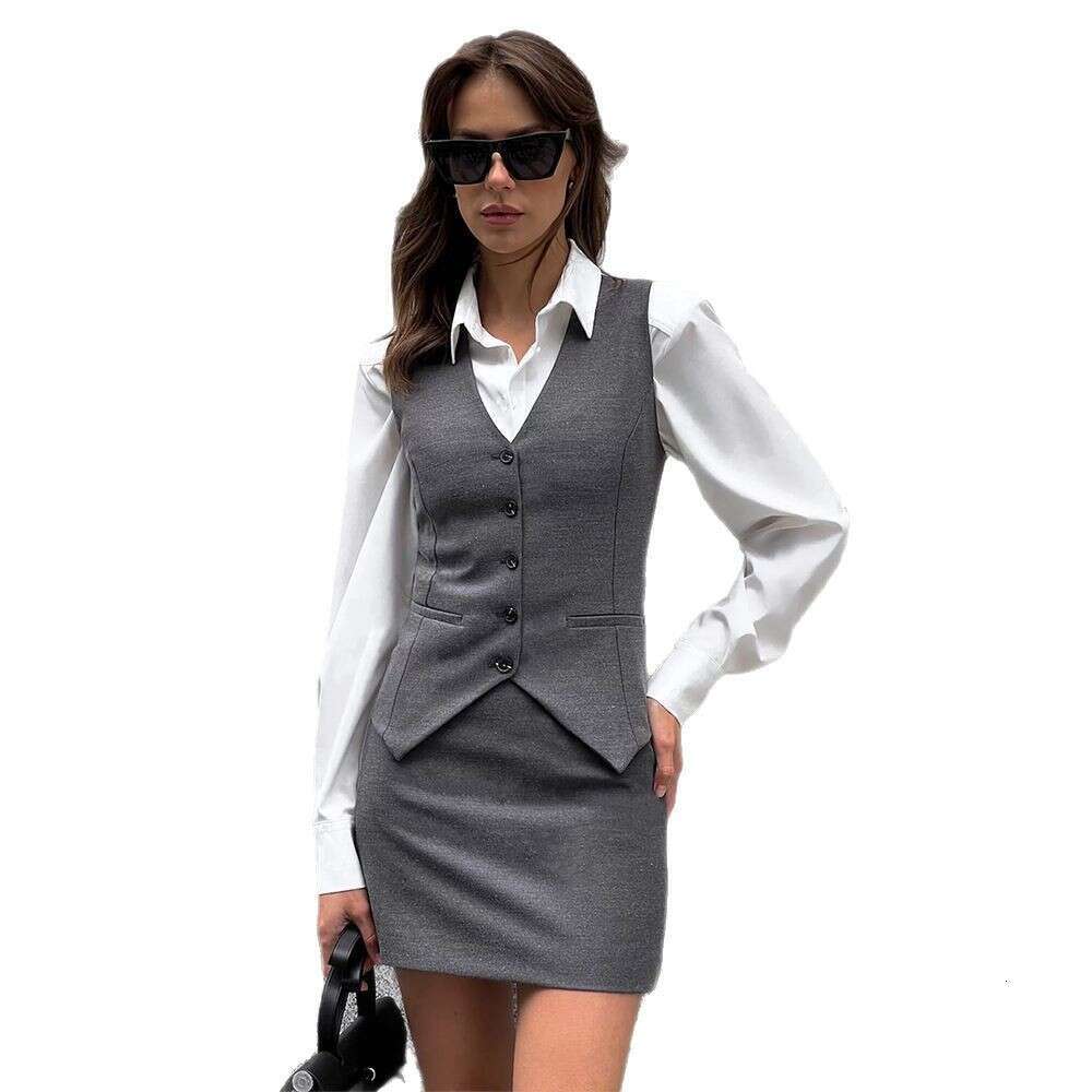 Gray And Set Summer New Button Cardigan Vest + Short Skirt B5