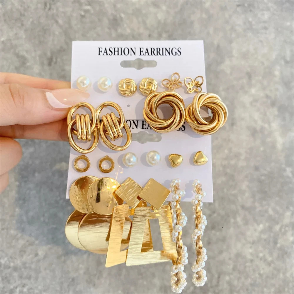 Vintage 2 Sets/Pack Gold Color Metal Twist Pearl Hoop Earrings for Women Girls Geometric Knot Heart Dangle Earring Set Jewelry 250717