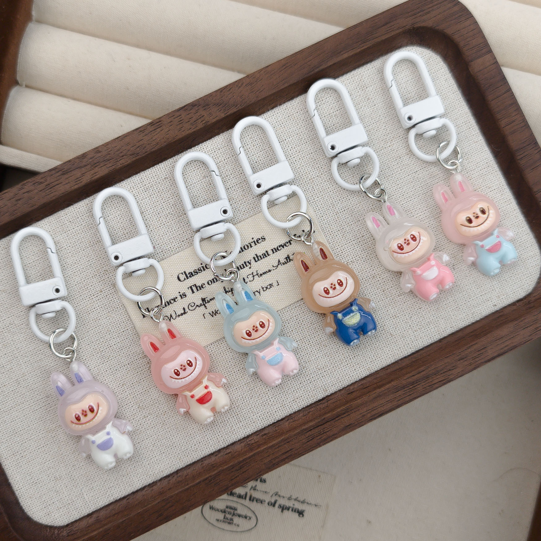 Wholesale Flocking Mini Labubu Keychain Mobile Phone Pendant Macaron Pendant Doll Monster Keychain Birthday Holiday Gift 6Colors