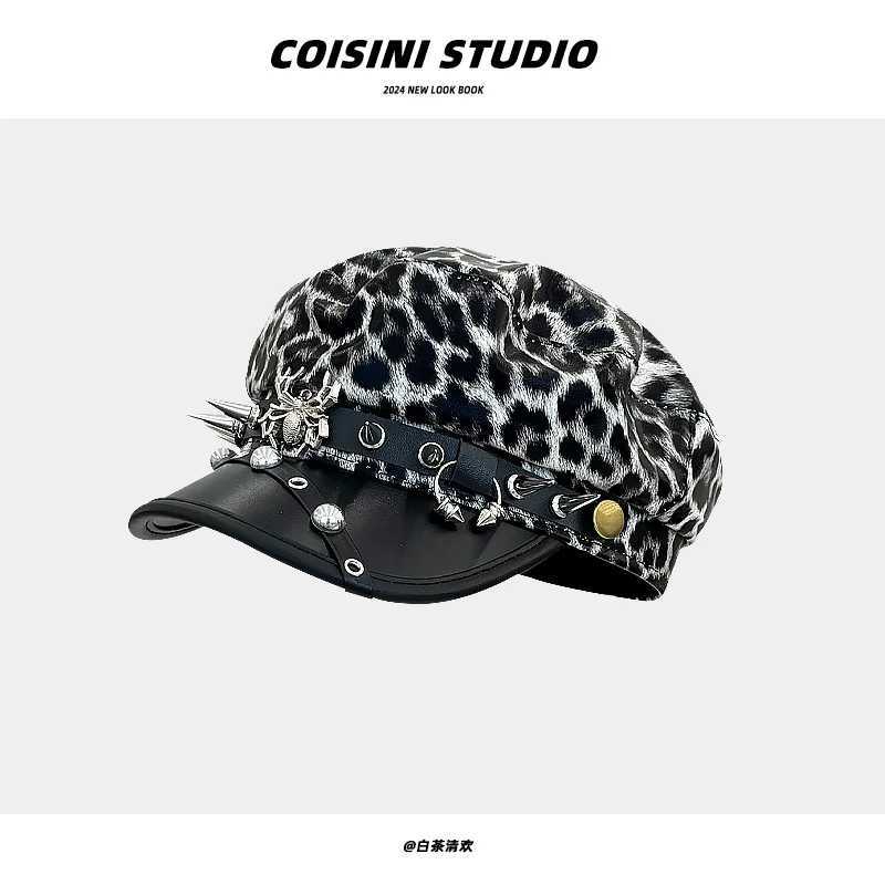 American Retro Leopard Print Rivet Buckle Octagonal Hats Women Spring Autumn Travel Photo Versatile PU Leather Newsboy Berets L250718