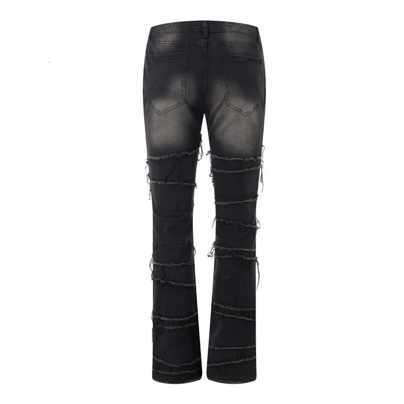 Mens Denim Pull-On Jeans Tiered Raw Trim Pockets Straight Leg Full Length Leisure Trousers Fashion Streetwear 250716