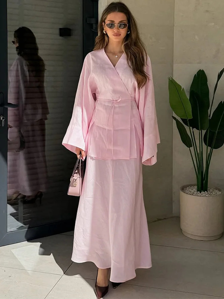 Casual Long Sleeve V Neck Shirts Long Skirt Suit Chic Solid Lace Up Shirt A Line Skirt Set for Women 2025 Lady 2 Pcs Outfits 250715