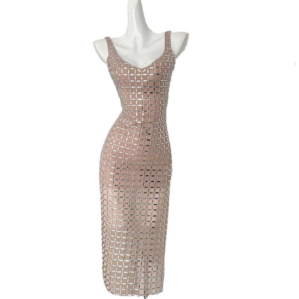 French Style Pure Desire Sparkling Rhinestone Strap Dress Sexy Backless High-End Heavy Craft Banquet Slit Gown B5