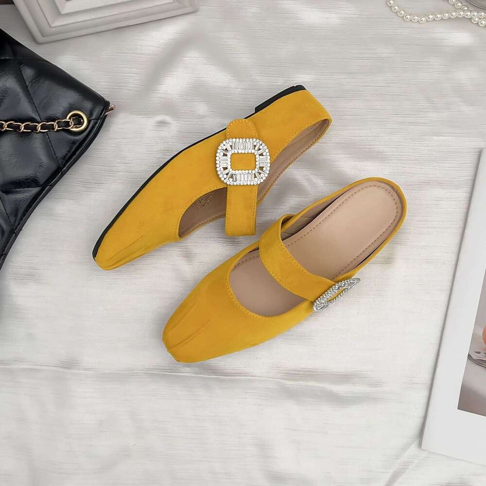 2025 French Style Half-Slip Mules Women's with Hidden Wedge Thick Sole Elegant Small Square Toe Ruched Mary Jane Shoes for Women