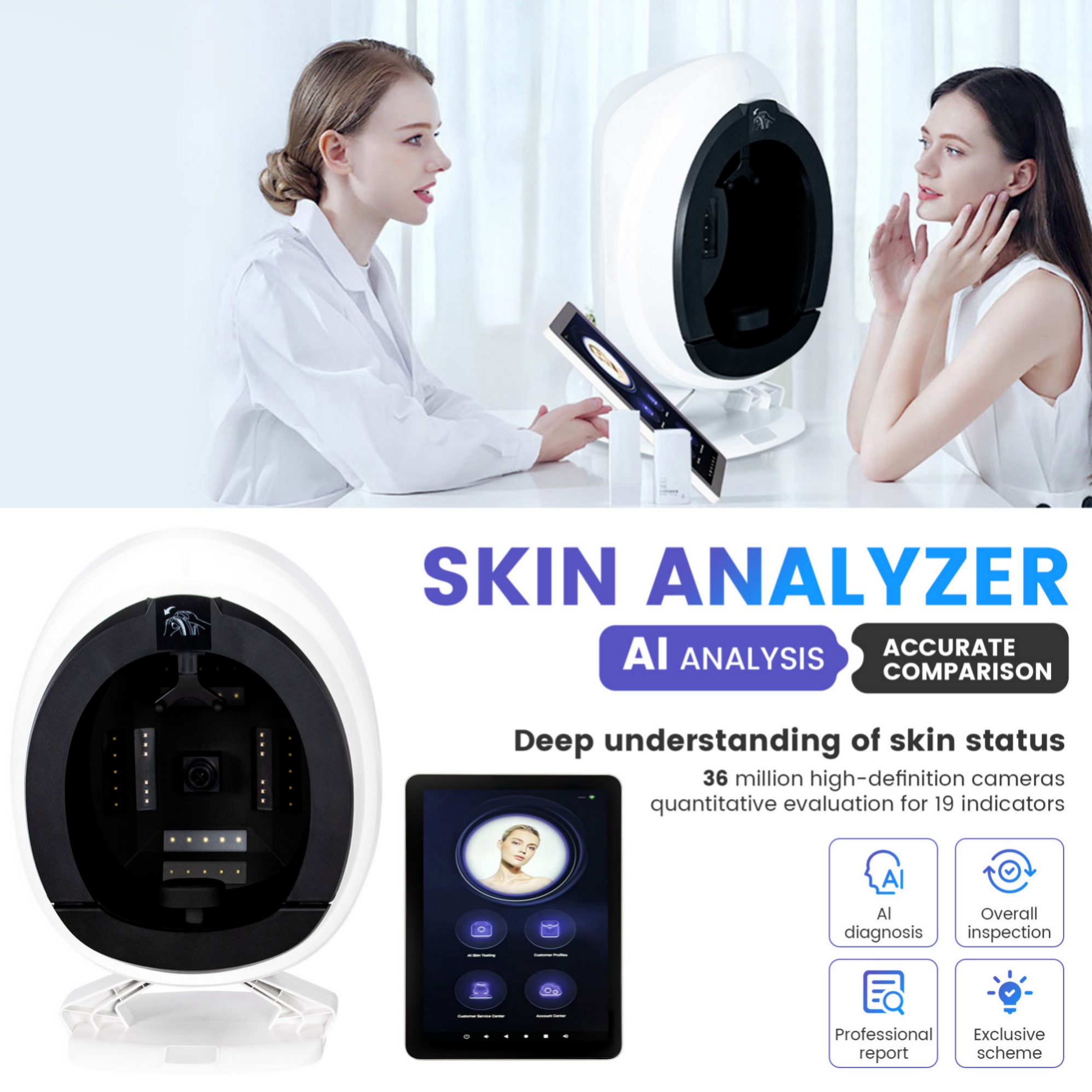 Skin Analyzer, 9 - Spectrum, Facial Skin Tester, Industrial Grade High - Definition Camera, Beauty Salon, 3600W Pixels