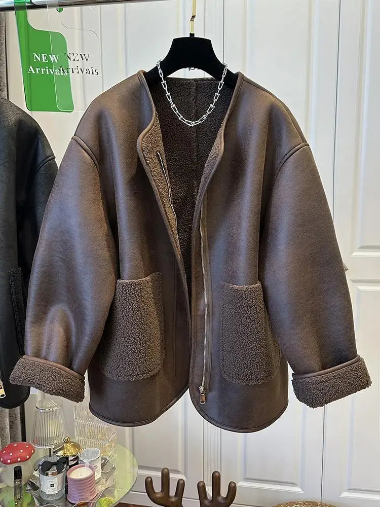 Womens Jacket Winter Warm Thicken Retro Coat Fashion Casual Loose Vintage Women Coats Round Neck Outerwears 250715