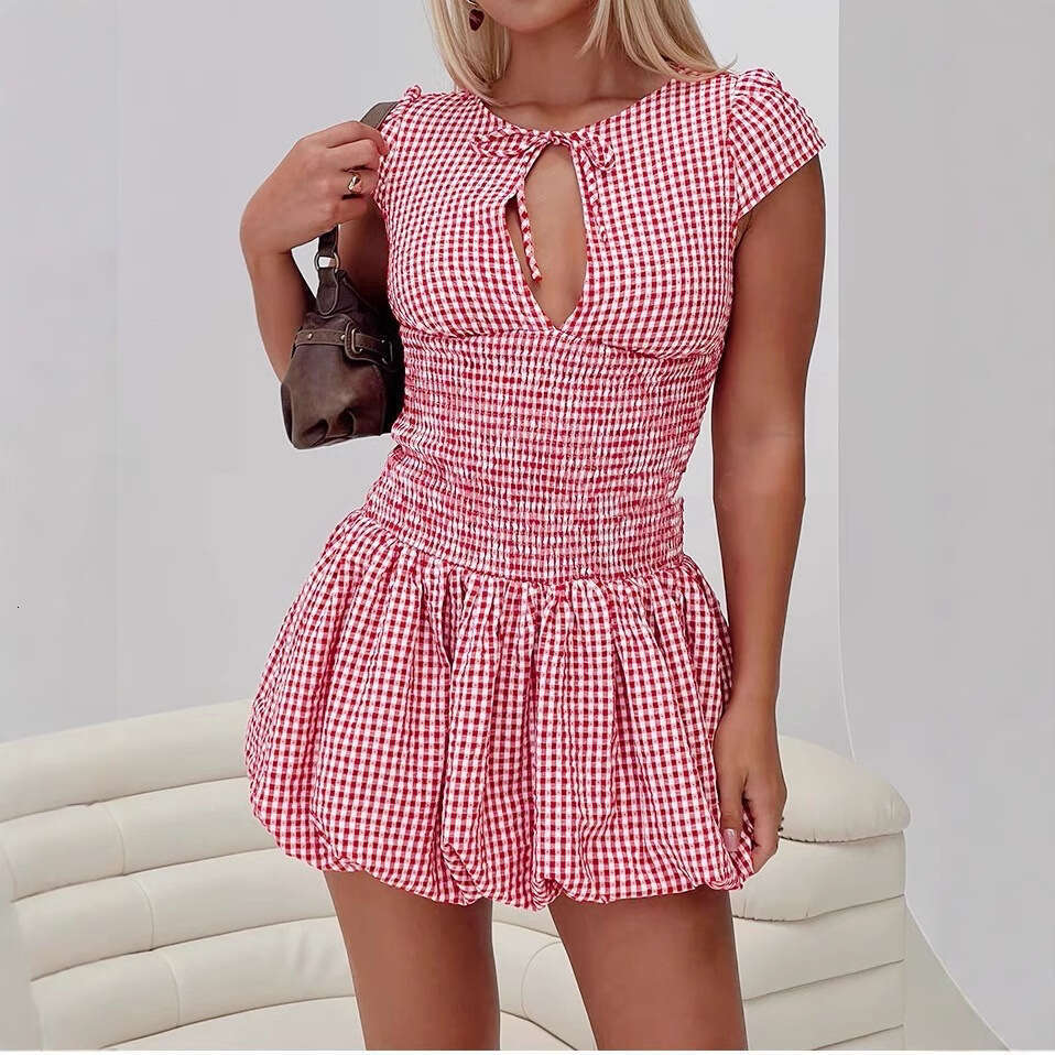 French Red Plaid Hollow Sleeve Summer Yu Shuxin Same Style Waist Slimming Short Dress B5