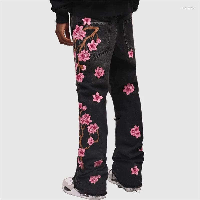 Men's Jeans Men Fashion Denim Pants Floral Embroidery Ripped With Pockets Casual Trousers Vintage Streetwear