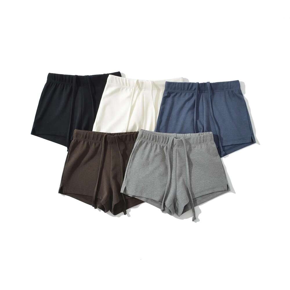 American Style Casual Sexy Low Waist Drawstring High Elastic Knitted Double-Sided Sports Hot Pants Split Wide Leg Shorts B5