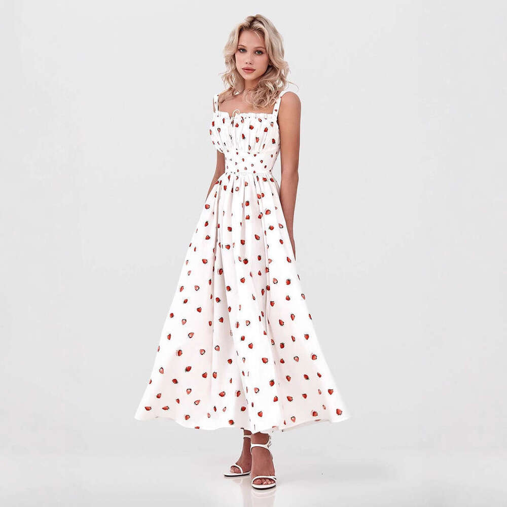 Floral Strap Summer New Low Neck Tie Slit High Waist Printed Dress B5