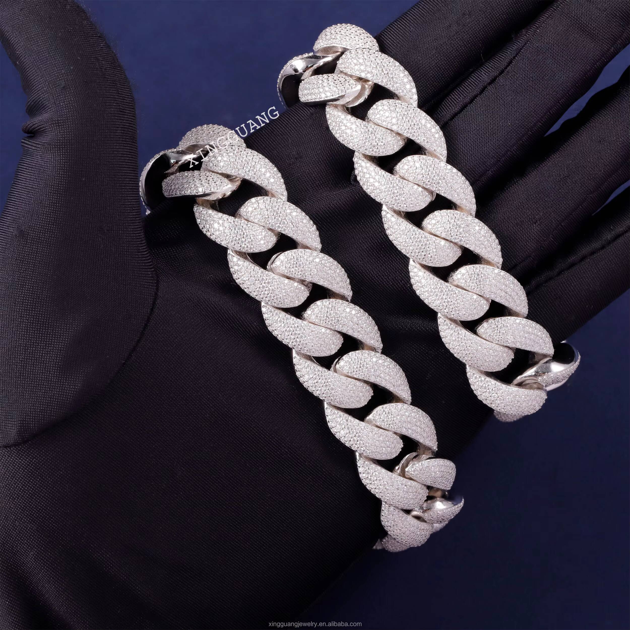 Fine Jewelry Heavy Chain 17mm 20mm 22mm Cuban Link Bracelet Gold Plated Solid Silver Full Iced Out Moissanite Chains for Men