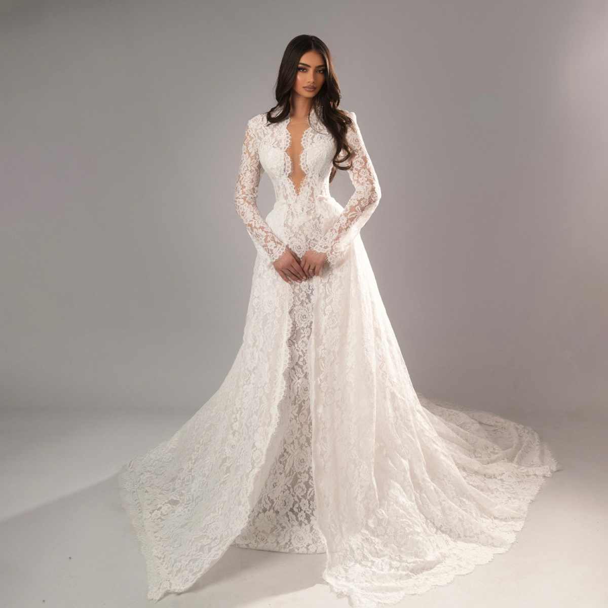 Elegant Mermaid Wedding Dress V Neck Long Sleeve High Quality Lace Bride Gowns Detachable Sweep Train Bridal Dresses Customized