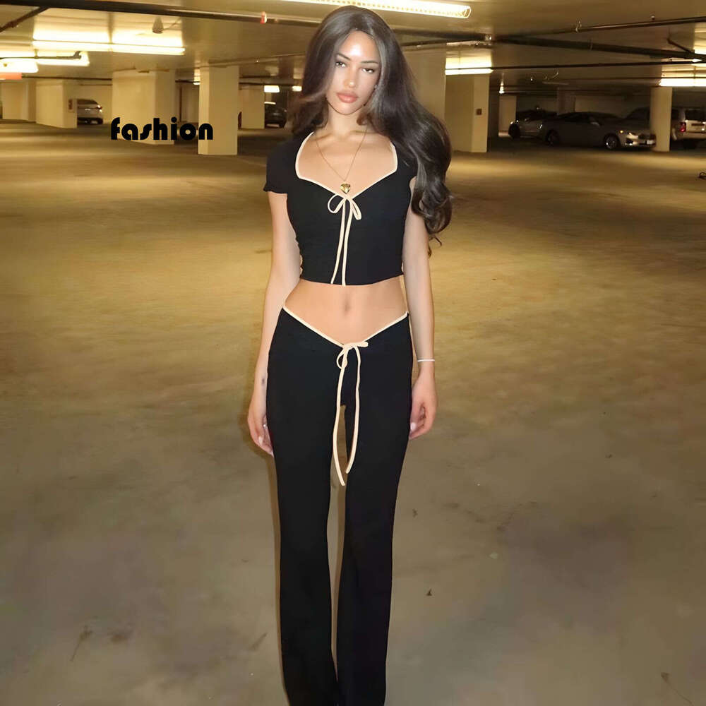 American Style Fashion With Bow Tie, Crop Top, Low Waist Flared Pants, Women's Two-Piece Set B5 g7