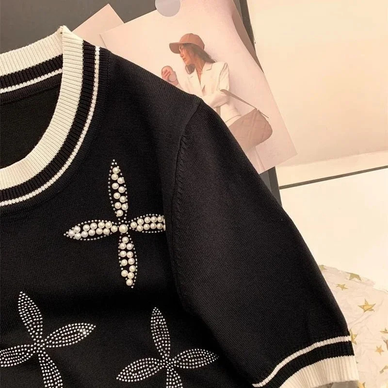 Ice Silk O-neck Beaded T-shirts Fashion Sweet Knitted Short Sleeve Tee Shirt Summer Loose Black Tops Women 250718