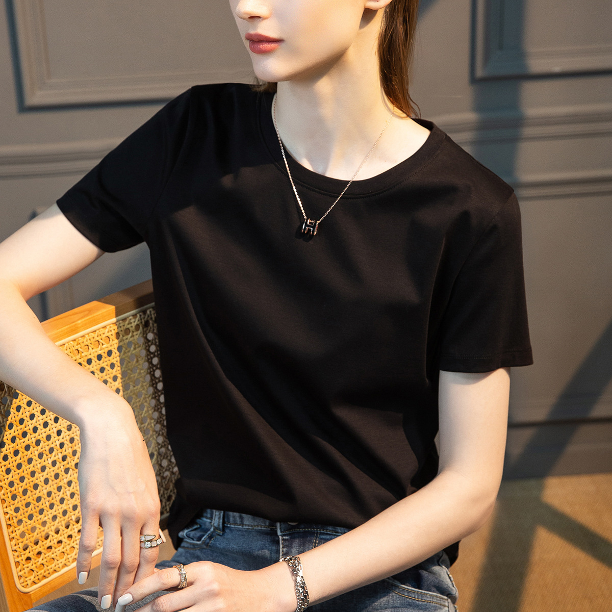 High-Count Mercerized Modal Short Sleeve White Summer Women's Loose Round Neck Cotton T-Shirt